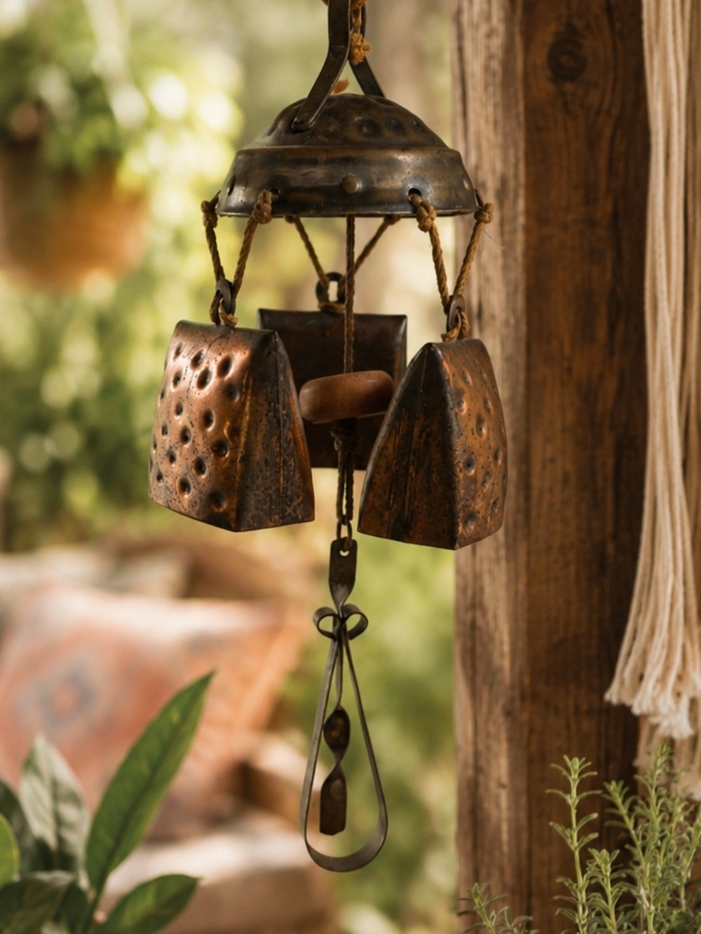 Vintage hammered copper cowbell wind chime